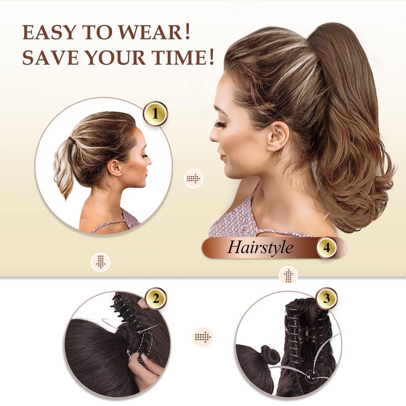 SOFEIYAN 13" Ponytail Extension Long Curly Ponytail Clip in Claw Hair Extension Natural Looking Synthetic Hairpiece for Women, Black/Medium Chestnut Brown Mix - Image 5